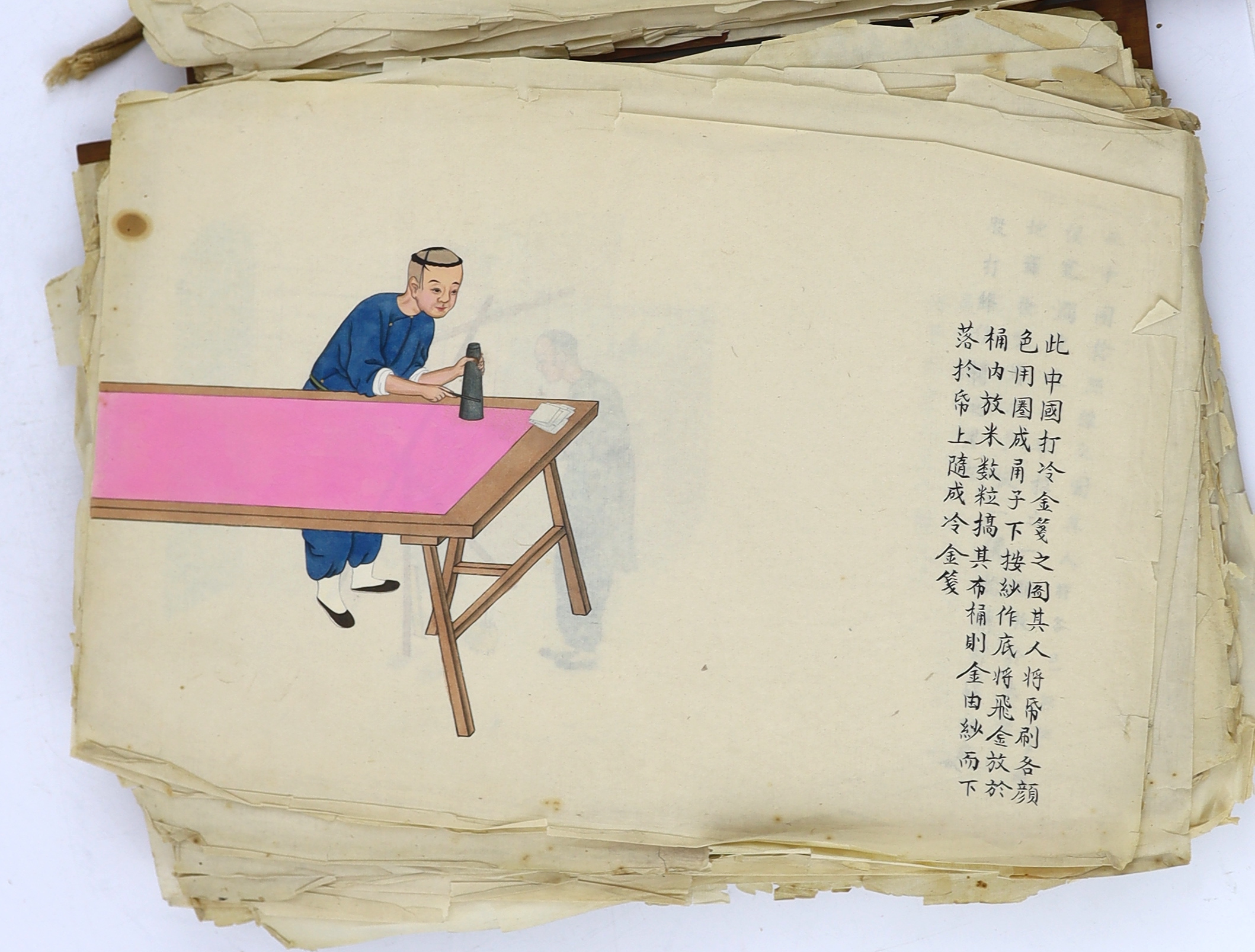 An album of Chinese watercolours on rice paper, trades and customs of China, late 19th / early 20th century, losses and tears to most pages